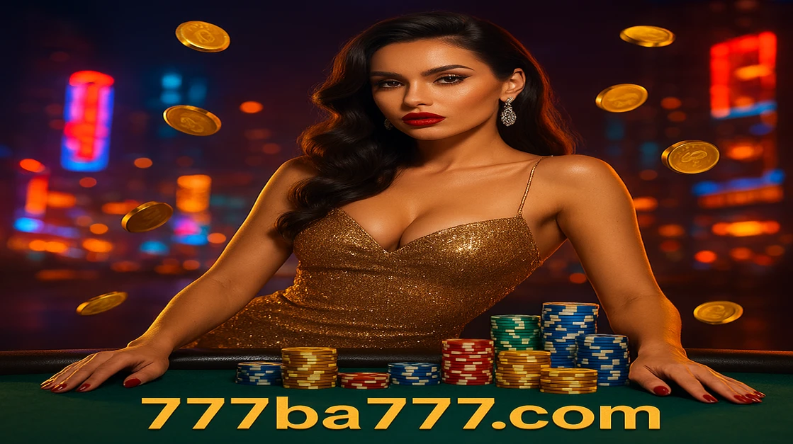 ba777 লাইভ গেমিং-এ একটি সুন্দর খেলার পরিচালকের মতো ব্যক্তি আপনাকে অংশ নেওয়ার জন্য আমন্ত্রণ জানাচ্ছেন, ১০০% স্বাগতম বোনাসসহ; চারপাশে চিপস ও ভাসমান সোনা-চিপস ঘেরা।